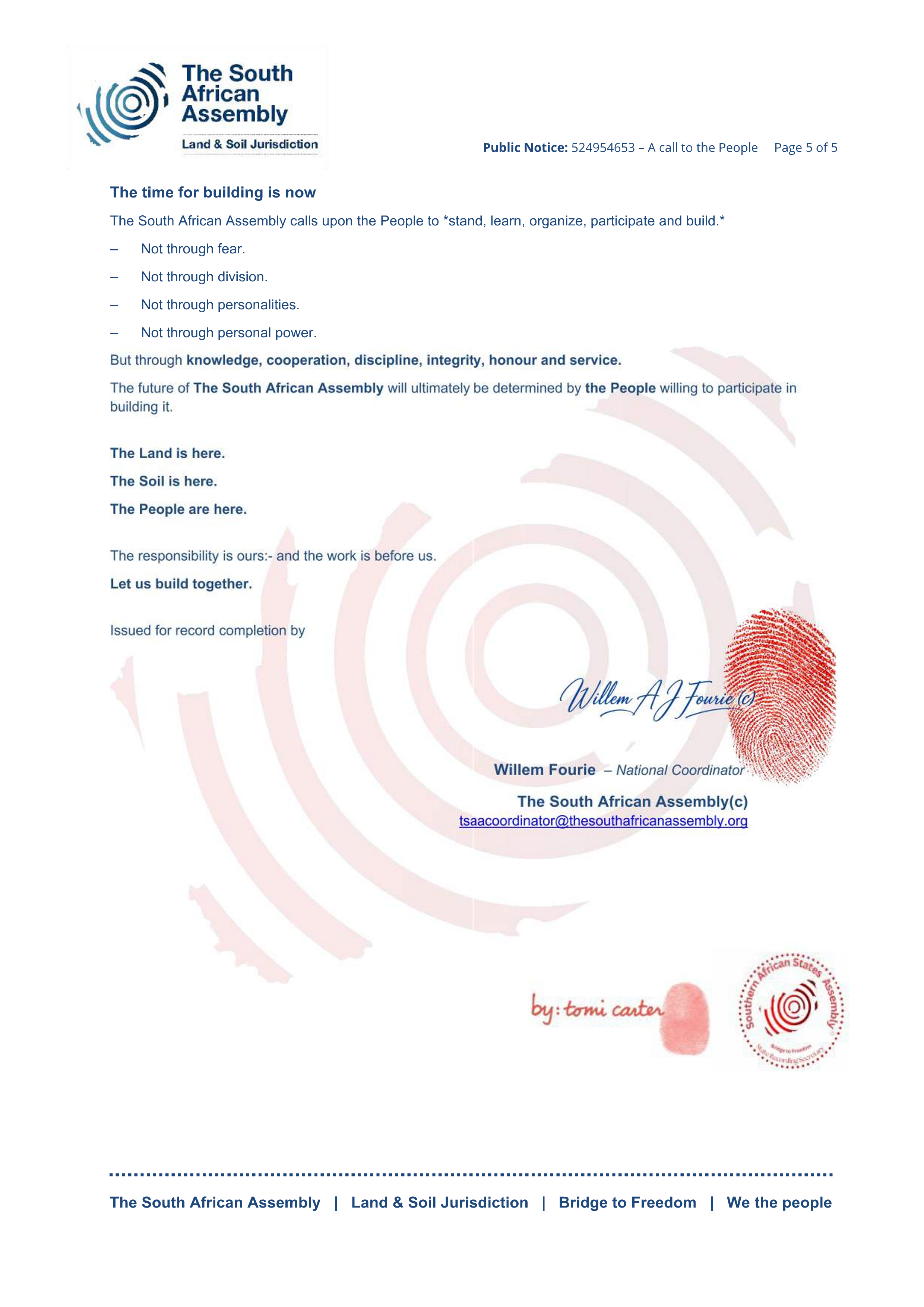 Public notice The South African Assembly Recording number 524954653 - A Call to the People
